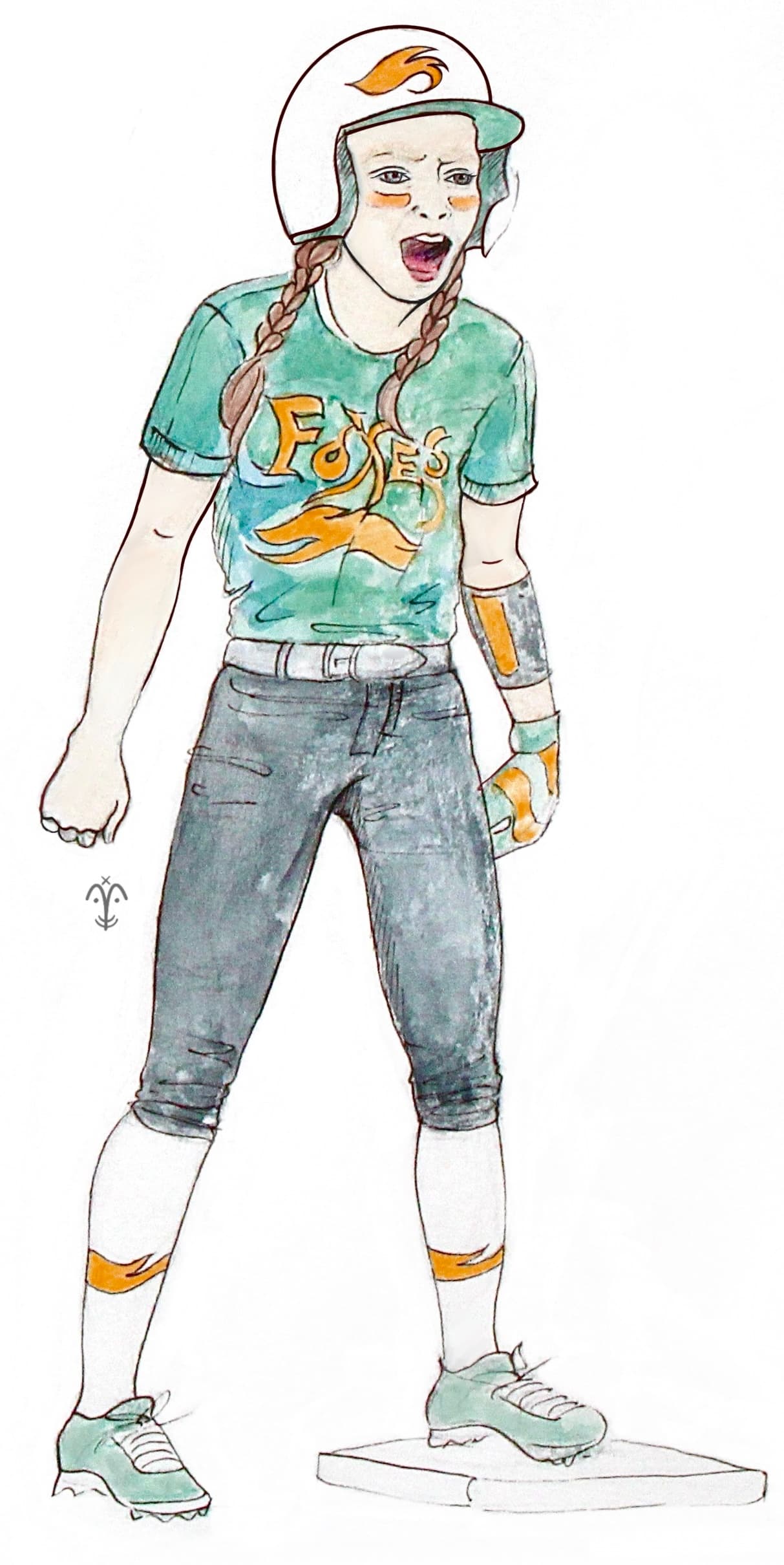 Character illustration of Dakota in a Foxes softball uniform