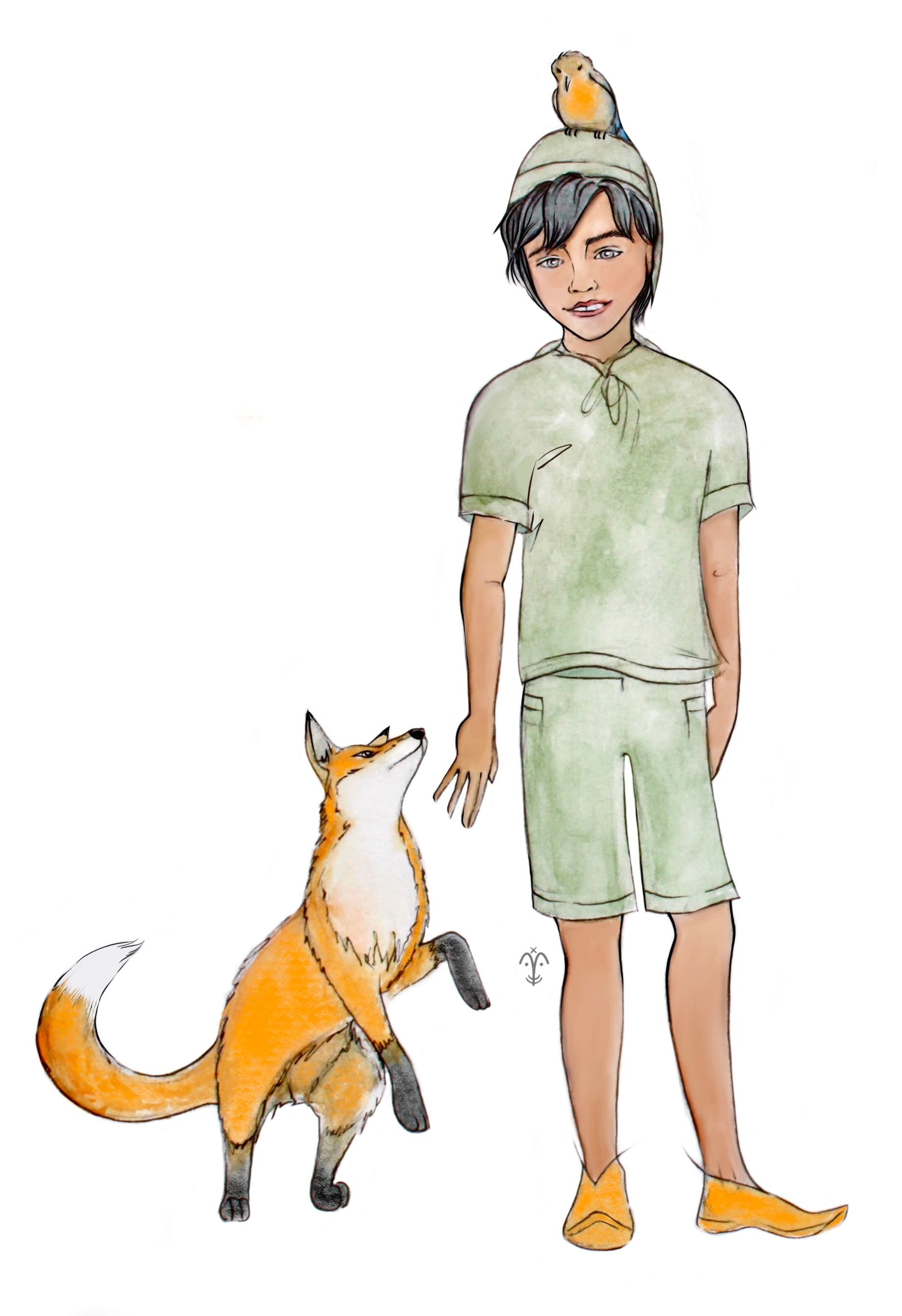 Character illustration of Joshua with a fox and bird