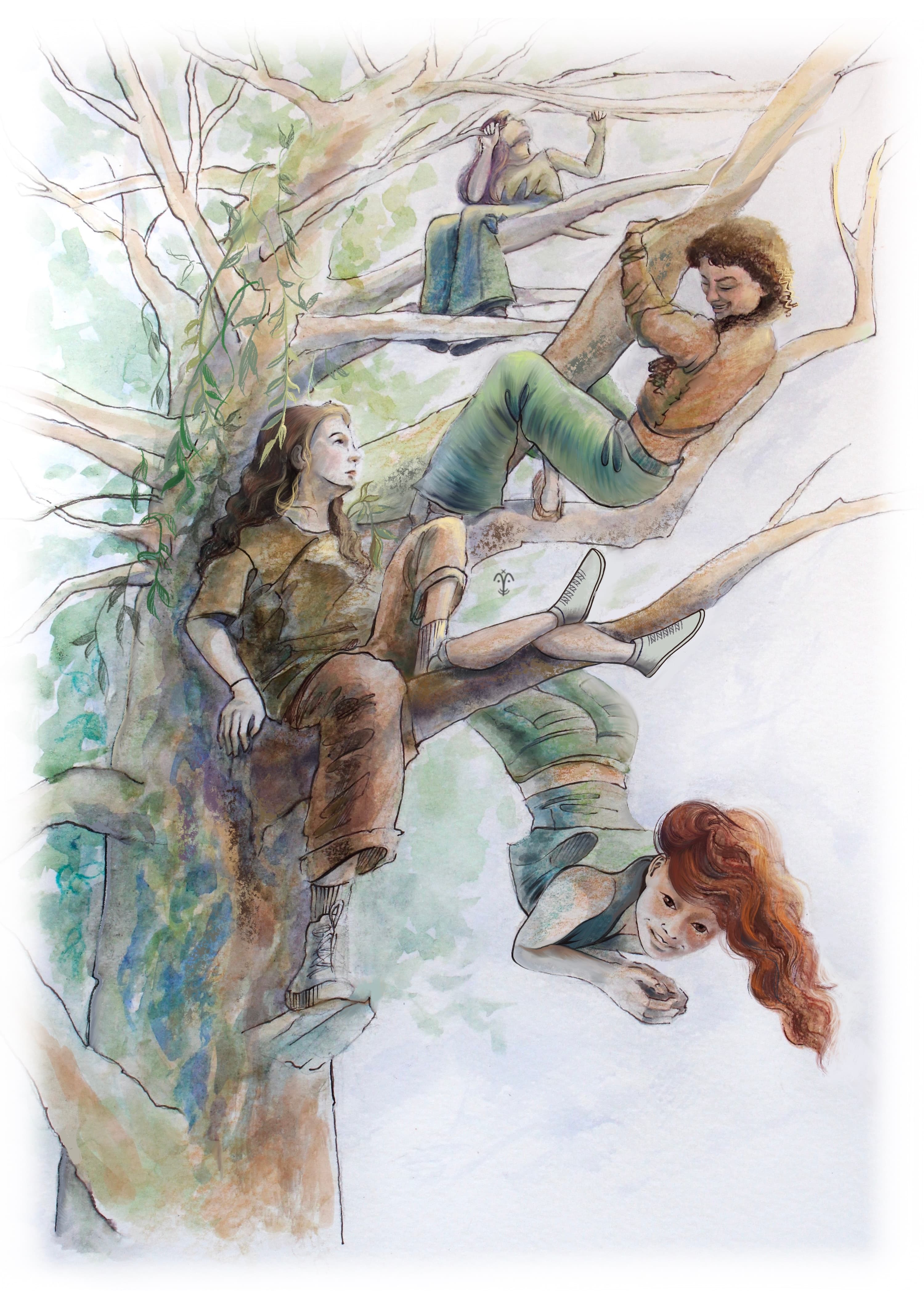 Illustration of girls climbing a tree in the forest