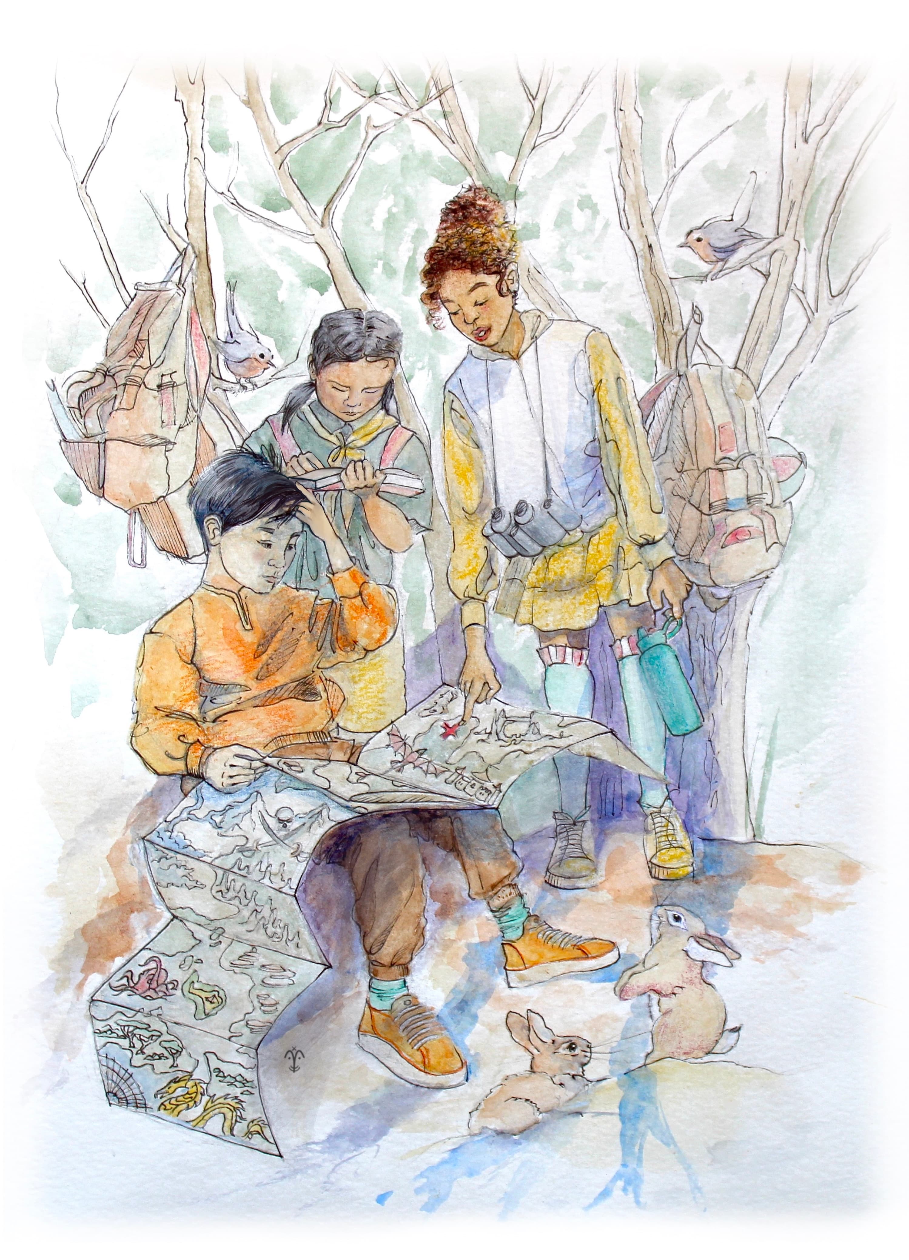 Illustration of children reading a treasure map in the woods