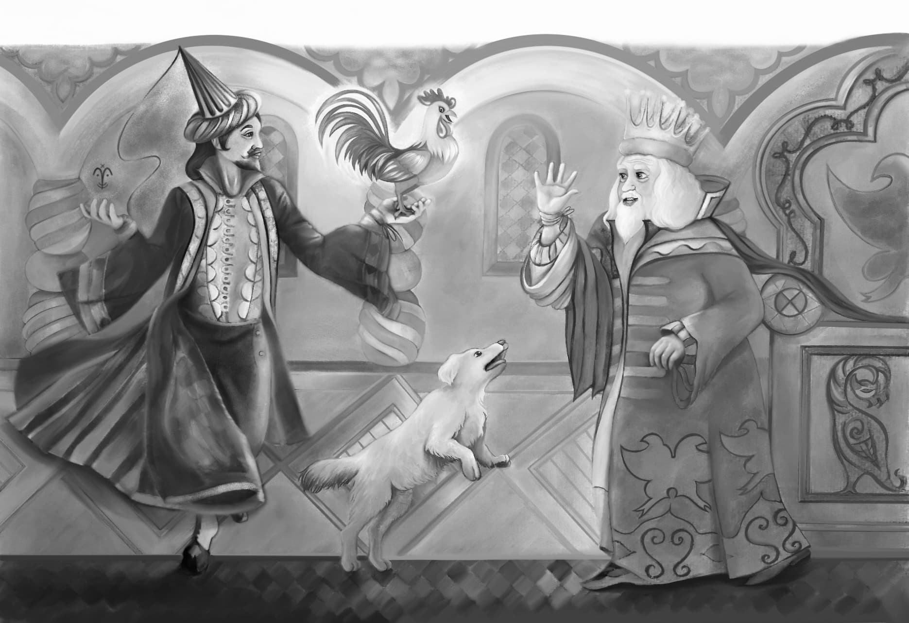 Black and white spread illustration of the Astronomer presenting the Golden Cockerel