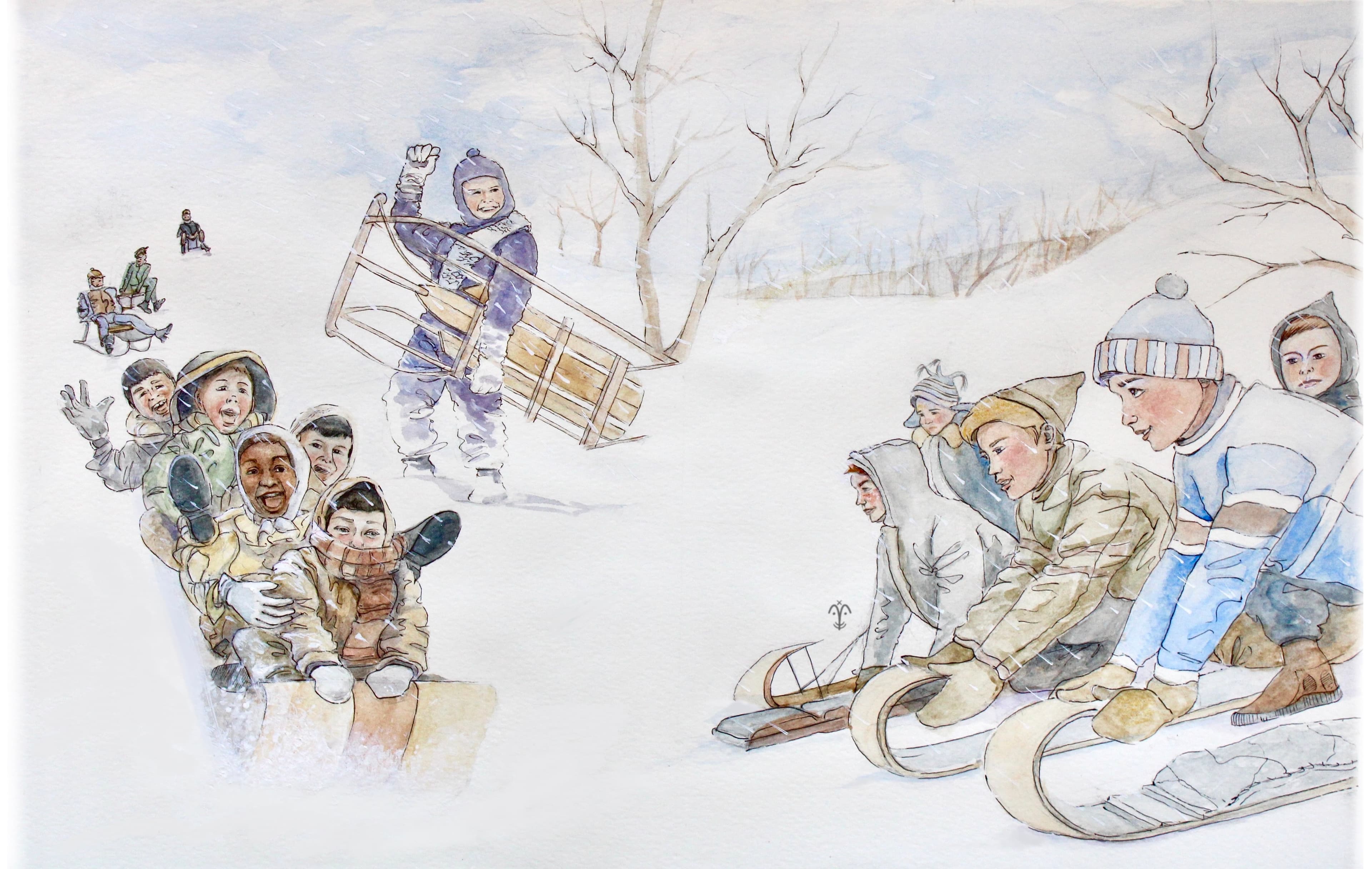 Spread illustration of children sledging in winter